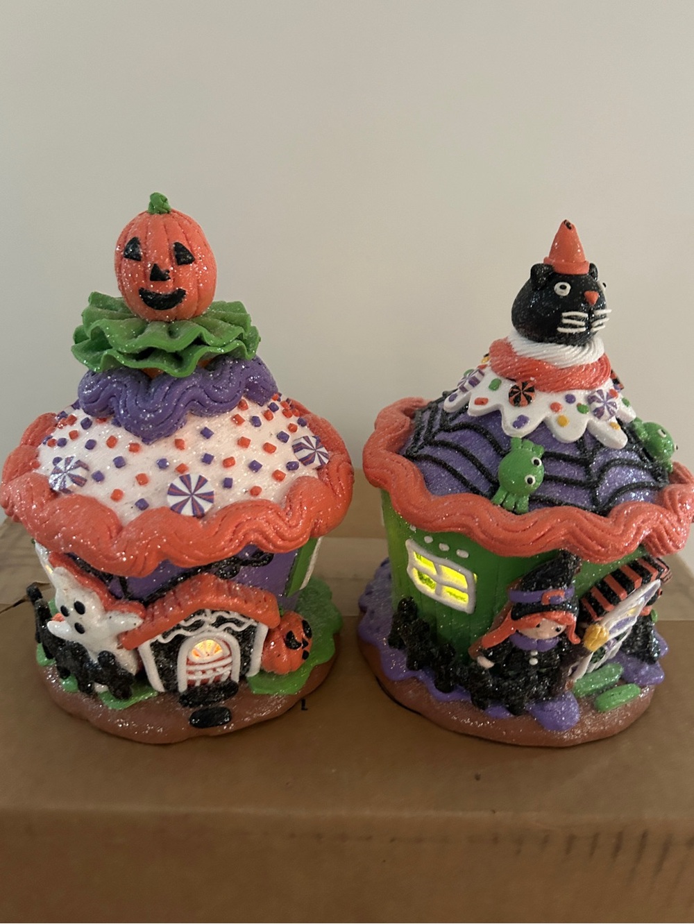 Set of 2 Illuminated Halloween Cupcake Houses by Valerie